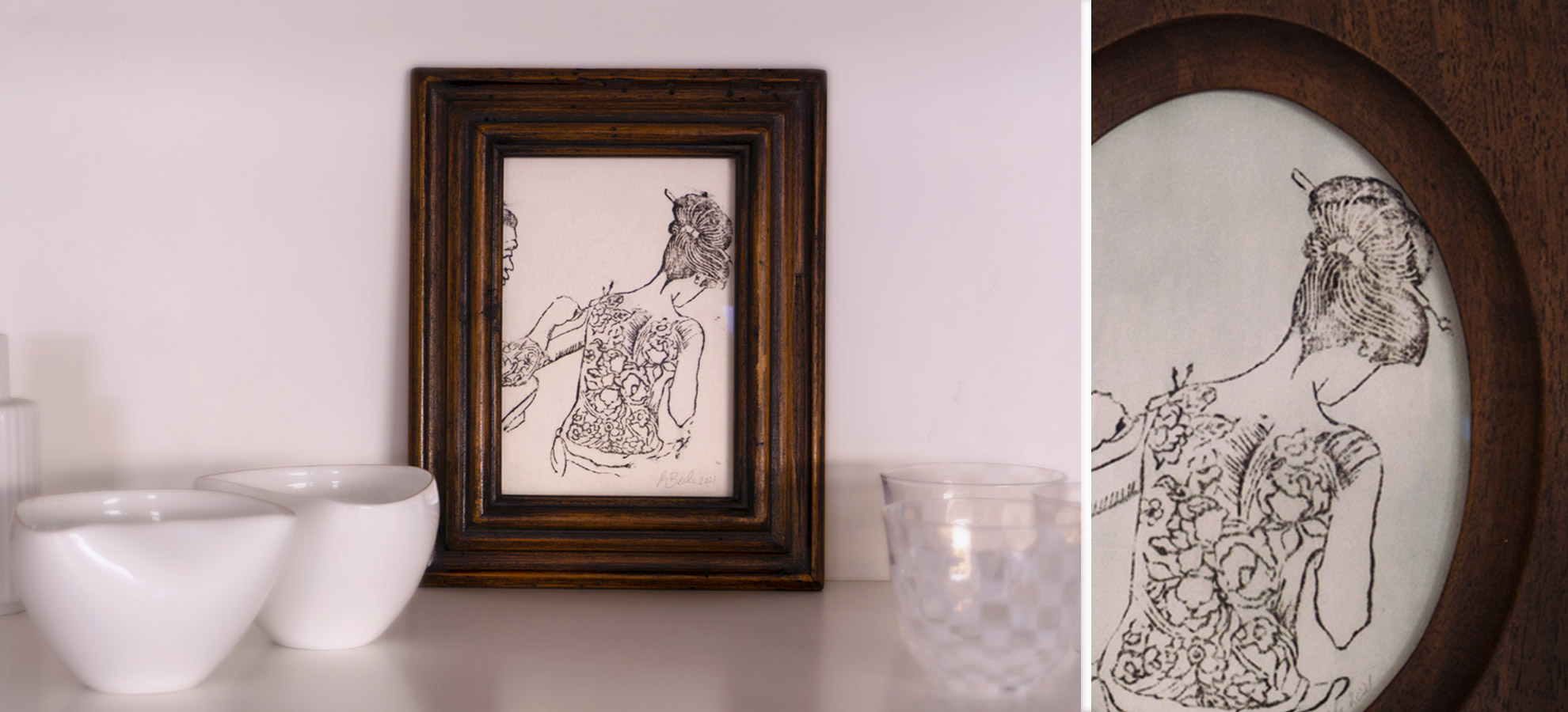 framed mono-prints of a geishas back tattoo